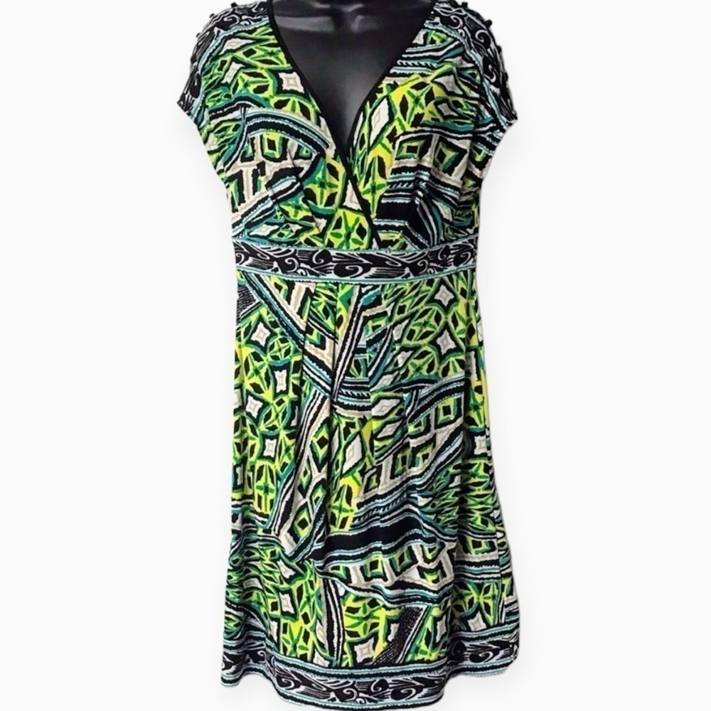 Madison Womens S Dress Geometric Print V Neck Cap Sleeve Button Accents Green
